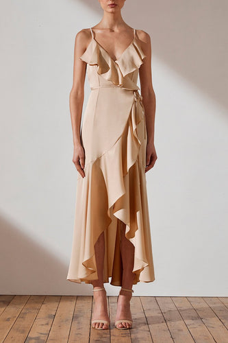 LUXE BIAS FRILL WRAP DRESS - CHAMPAGNE