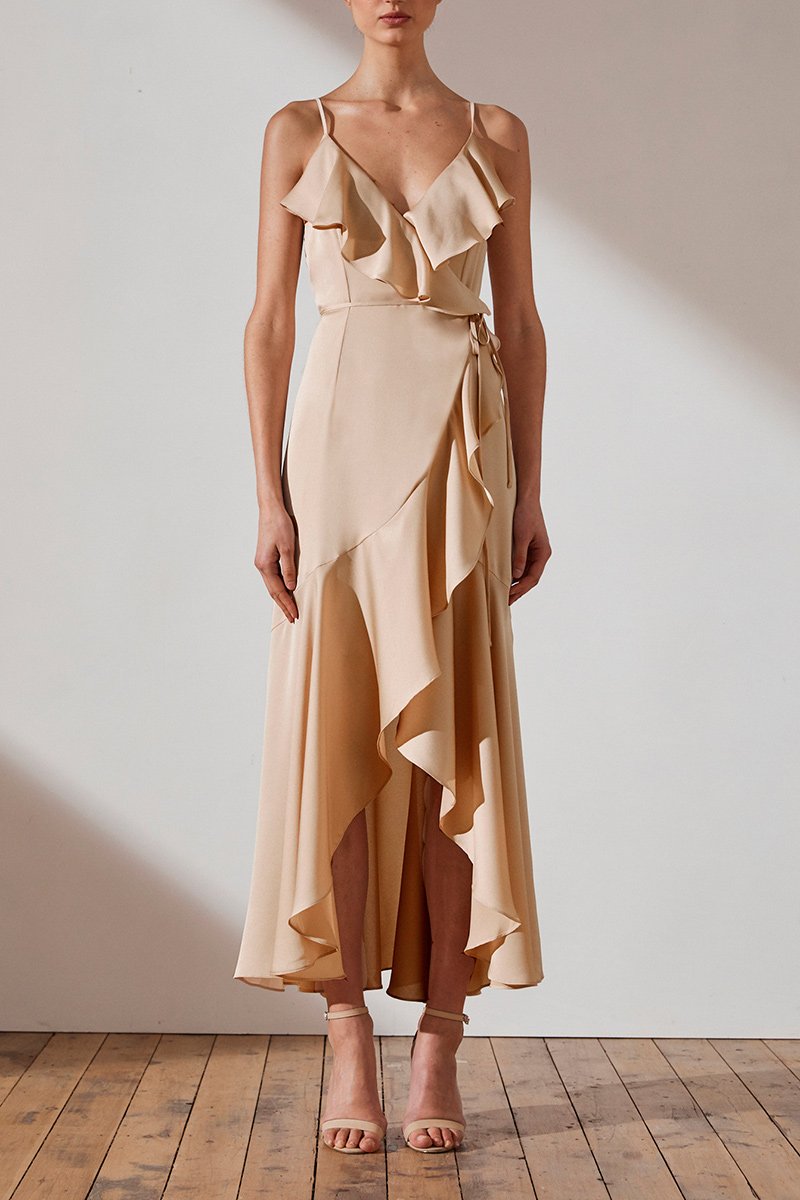 LUXE BIAS FRILL WRAP DRESS - CHAMPAGNE