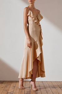 LUXE BIAS FRILL WRAP DRESS - CHAMPAGNE