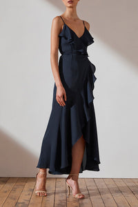 LUXE BIAS FRILL WRAP DRESS - SAPPHIRE