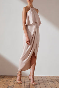 LUXE HALTER FRILL DRESS - PORCELAIN