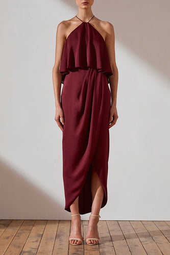 LUXE HALTER FRILL DRESS - GARNET