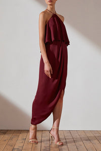 LUXE HALTER FRILL DRESS - GARNET