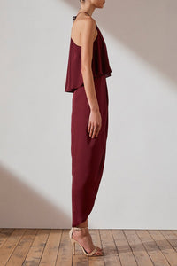 LUXE HALTER FRILL DRESS - GARNET