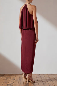 LUXE HALTER FRILL DRESS - GARNET