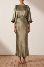 Load image into Gallery viewer, GISELLE BALLOON SLEEVE MIDI DRESS WITH BELT - MOSS