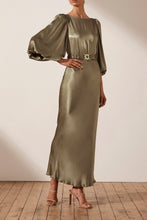 Load image into Gallery viewer, GISELLE BALLOON SLEEVE MIDI DRESS WITH BELT - MOSS