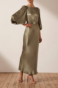 GISELLE BALLOON SLEEVE MIDI DRESS WITH BELT - MOSS