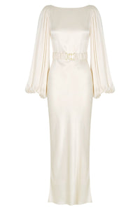 LA LUNE BALLOON SLEEVE MIDI DRESS WITH BELT - CREAM